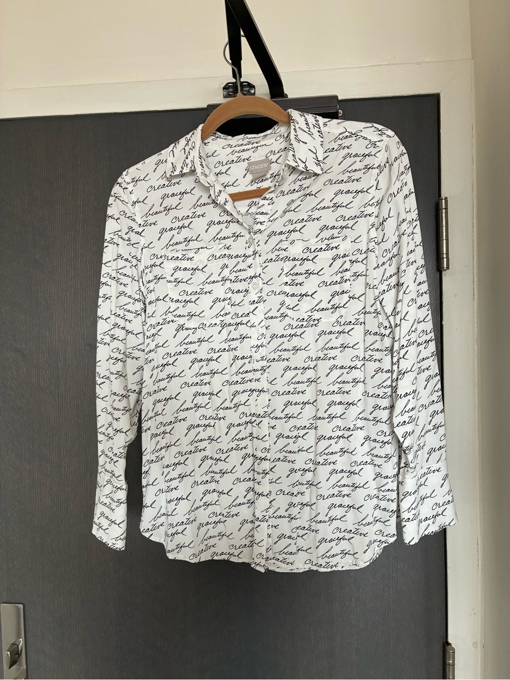 Chico's White Button-Down Shirt with Black Script Pattern